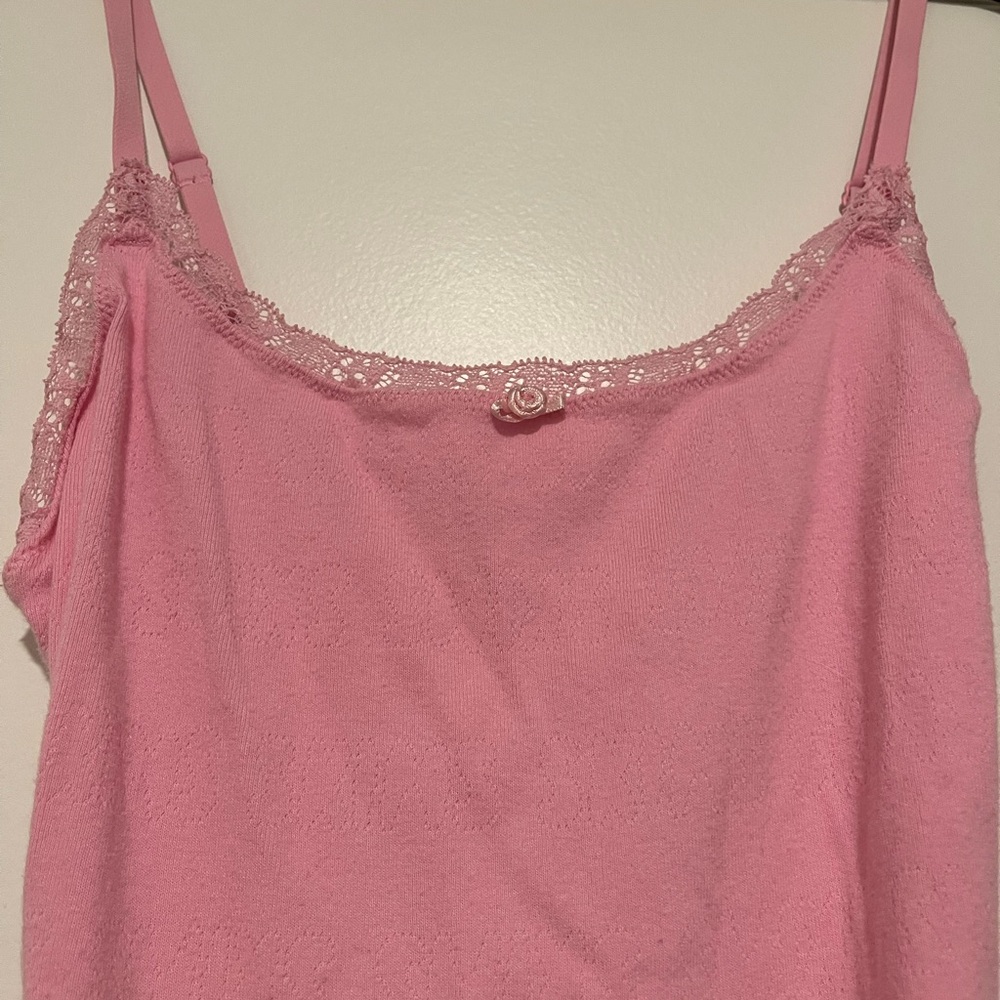 Skims Logo Pointelle bubblegum pink thong bodysuit lace trim rosette tank cami - Picture 2 of 3